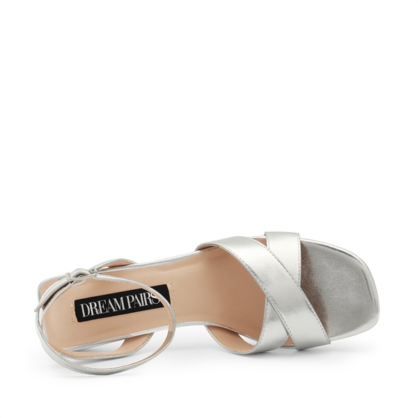 Criss Cross Ankle Strap Square Heel Sandals  - SILVER PU - 3